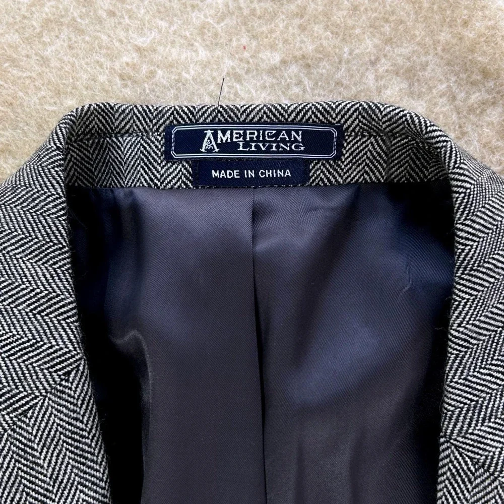Mens Classic Herringbone Wool Blazer 40R Grey‎ Sport Coat American Living